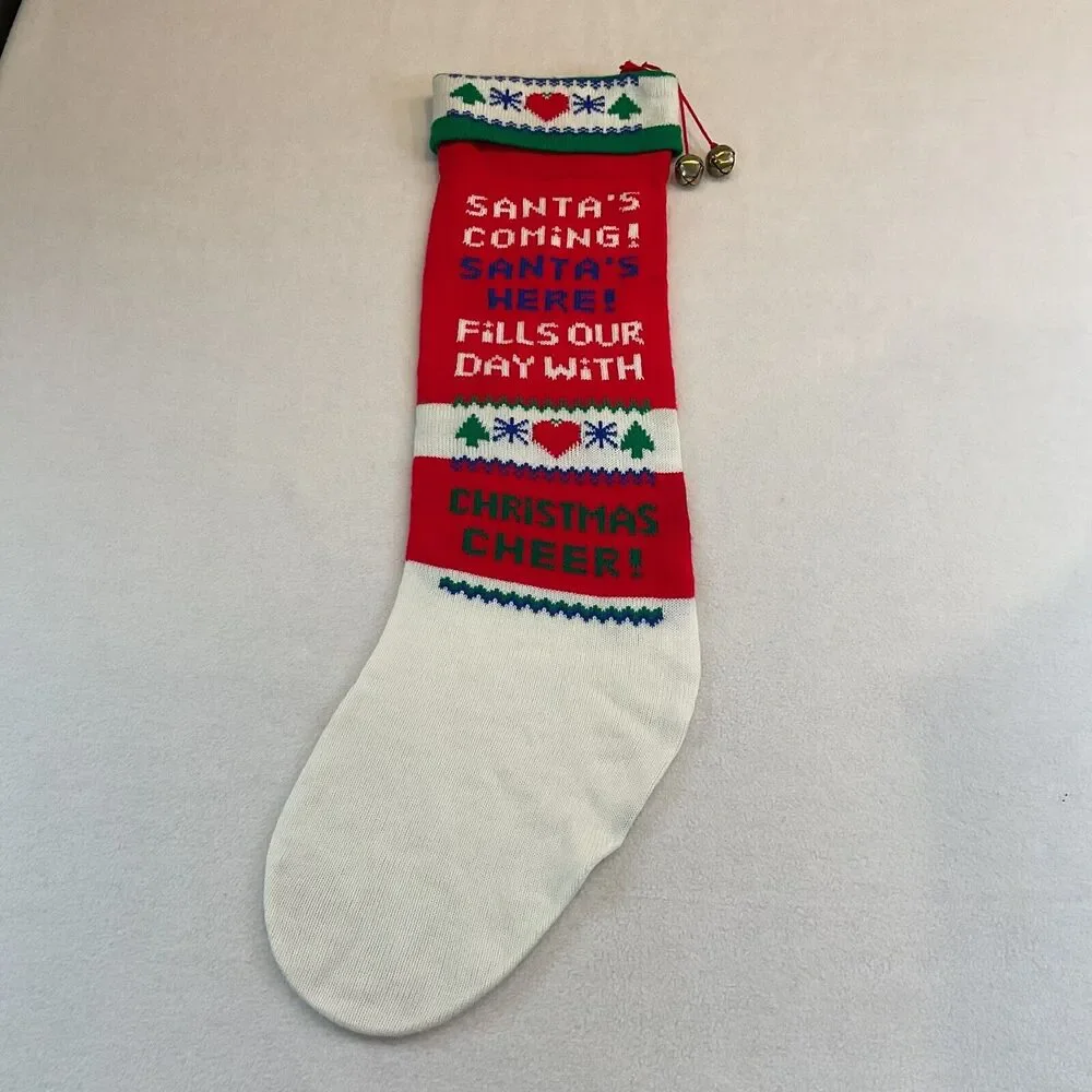 Kurt Adler Christmas Stocking Santa’s Coming Knitted Knit Oversized Taiwan Bells
